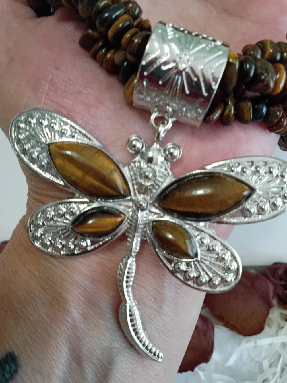 JTV Brown Tiger Eye Multi-Strand Necklace with Silver Dragonfly Pendant